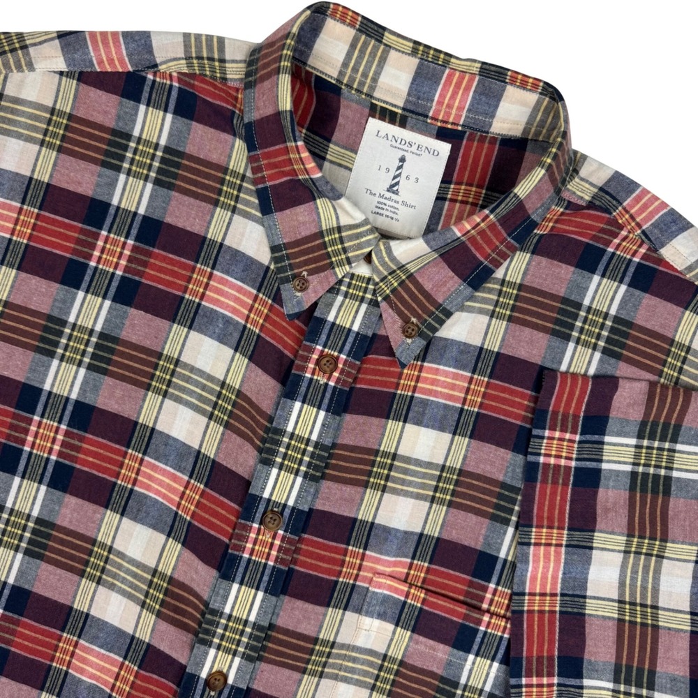 Lands' End 1963 Madras Shirt Plaid Button Down Men Large Ivy Preppy Short Sleeve
